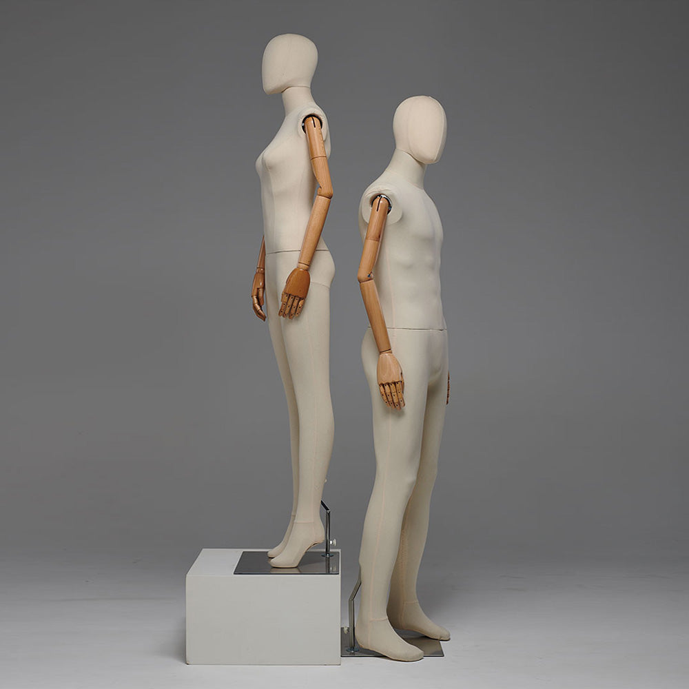 Jelimate Realistic Male and Female Full Body Mannequin,Linen Fabric Beige Mannequin Torso With Wooden Arms,Women and Men Full Body Display Mannequin Dress Form,Clothing Shop Clothes Display Model JMFF02
