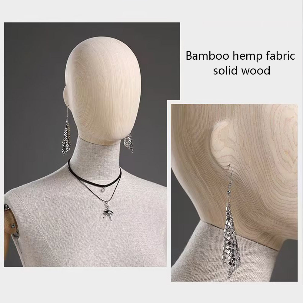 Torso de maniquí femenino de alta gama Jelimate con brazos de madera, maniquí de lino gris para exhibición de ropa, cabeza de maniquí de madera con orificio para aretes