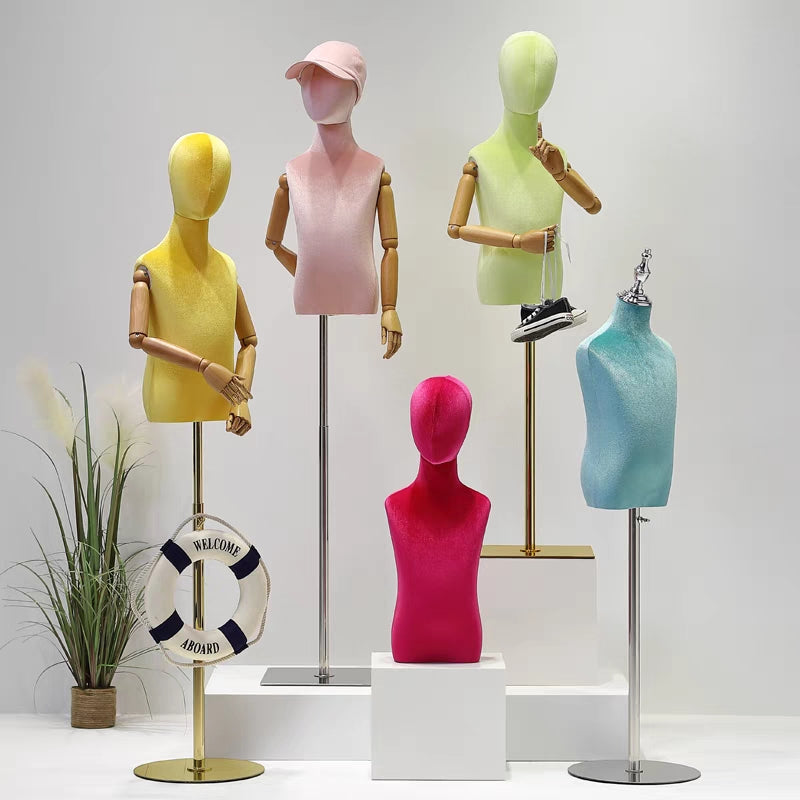 Jelimate Child Half Body Mannequin, Colorful Velvet Torso With Wooden Arms, Window Display Kid Model