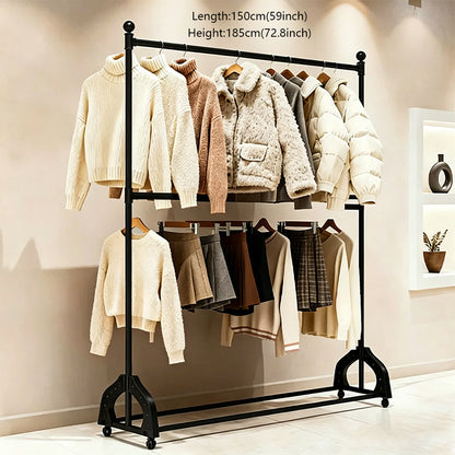 72.8" Double Rod Clothing Rack with Wheels | Heavy Duty Iron Garment Rack | JELIMATE