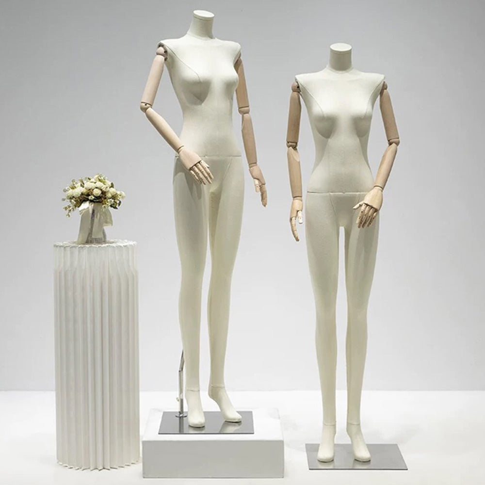 Jelimate Female Full Body Mannequin in Standing & Sitting Pose,Linen Fabric Beige Dress Form Mannequin,Female Body Mannequin With Wooden Arms,Window Display Female Full Body Model,Clothing Shop Clothing Display Mannequin Torso