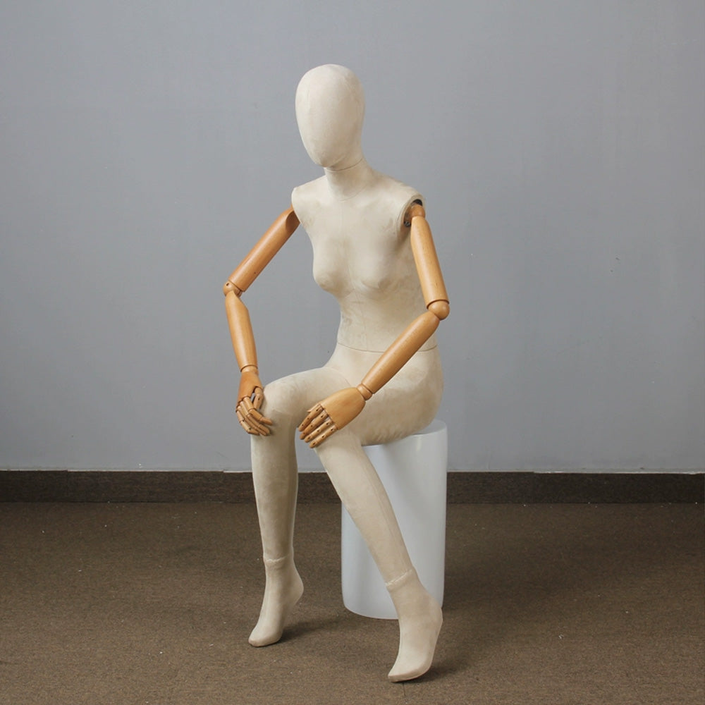 Jelimate Women Clothing Store Full Body Mannequin With Wooden Arms,Velvet Mannequin Female Dress Form,Standing Sitting Pose Clothing Display Model