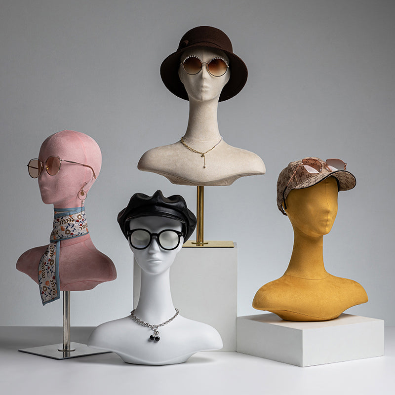 Velvet Mannequin Head with Shoulders & Gold Base for Wigs, Hats & Jewelry