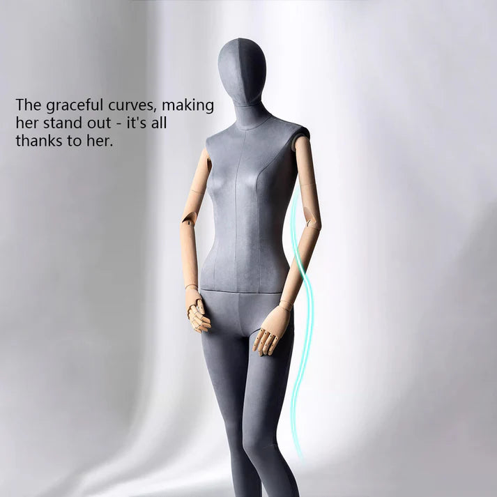 JELIMATE Luxury Grey Suede Female Full Body Mannequin | Adjustable Wooden Arms