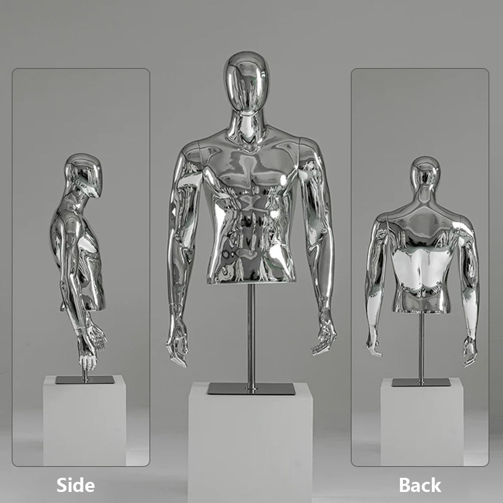 JELIMATE Silver Chrome Half Body Mannequin for Clothes | Male & Female Electroplated Torso