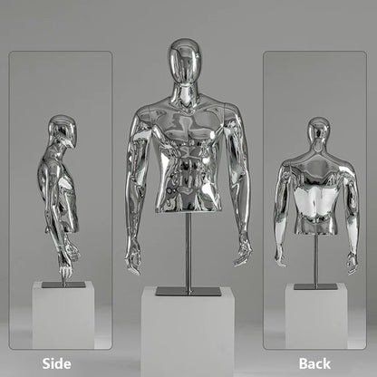 JELIMATE Silver Chrome Half Body Mannequin for Clothes | Male & Female Electroplated Torso