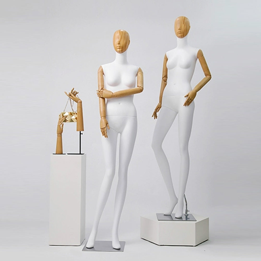 Maniquí de cuerpo completo para mujer de alta gama Jelimate, modelo de exhibición de ropa para tienda de ropa con cabeza de veta de madera, maniquí de mujer adulta con brazos de madera de plástico