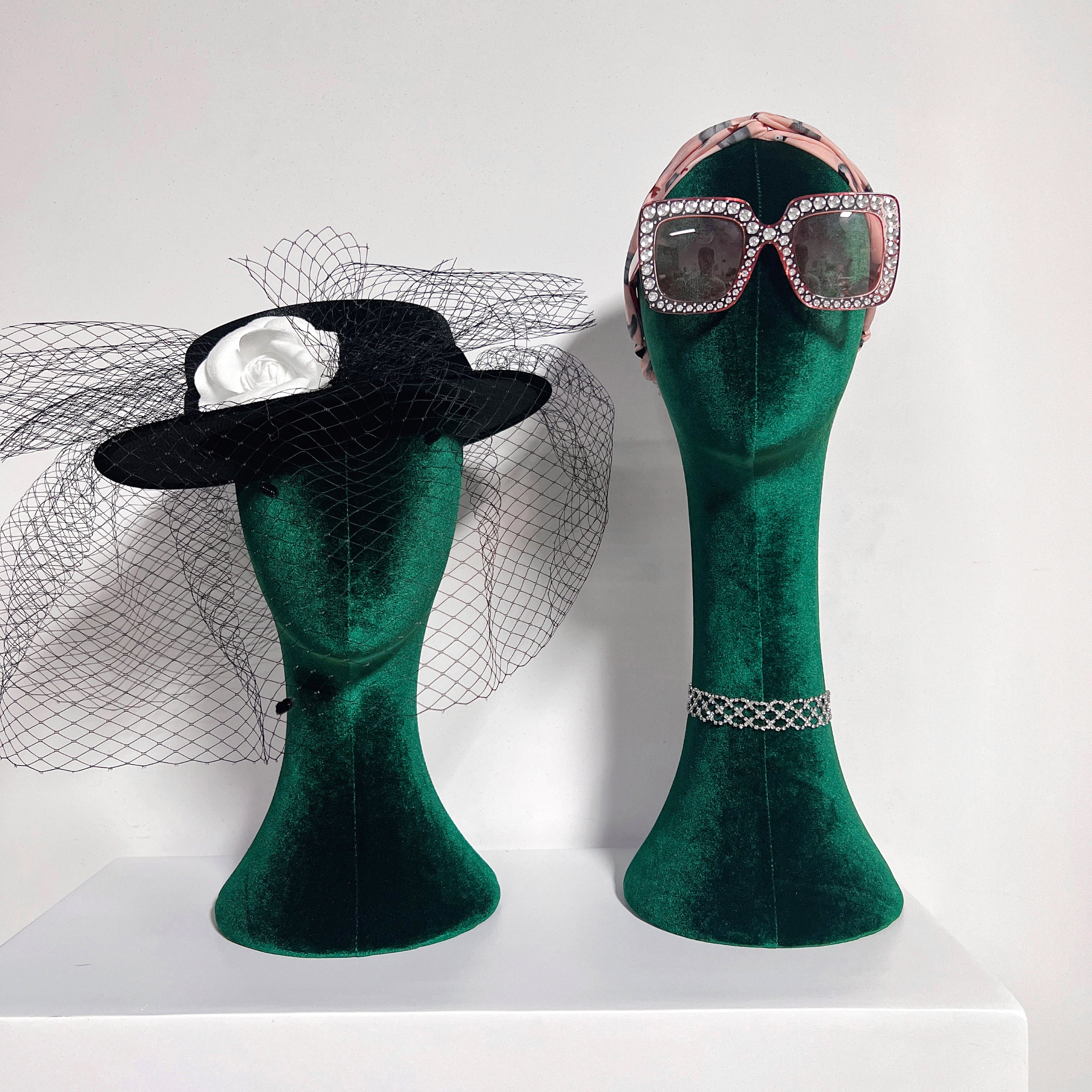 JELIMATE Luxurious Green Velvet Mannequin Head Model,Can Pinnable Cloth Mannequin Head Display Form Headband Stand,Female Head Mannequin For Wig Hat Jewelry Display Stand Sunglasses Holder Head Display Stand