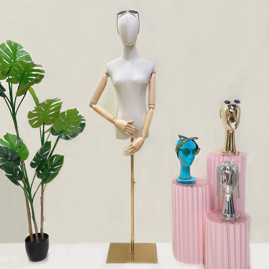Jelimate Natural Canvas Female Mannequin Torso with Head | Adjustable Half Body Dress Form with Wooden Arms & Gold Base | Women Clothing Display Stand