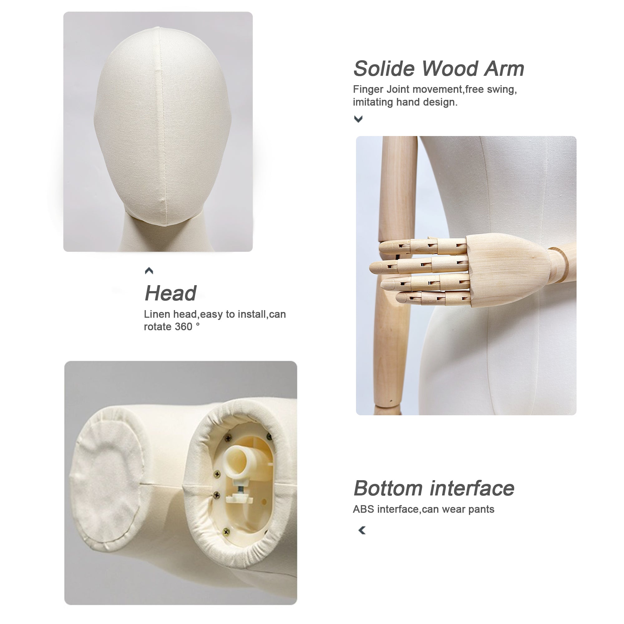 Fabric Mannequin Torso with Wooden Arms - Beige Bamboo Linen Female Display Form