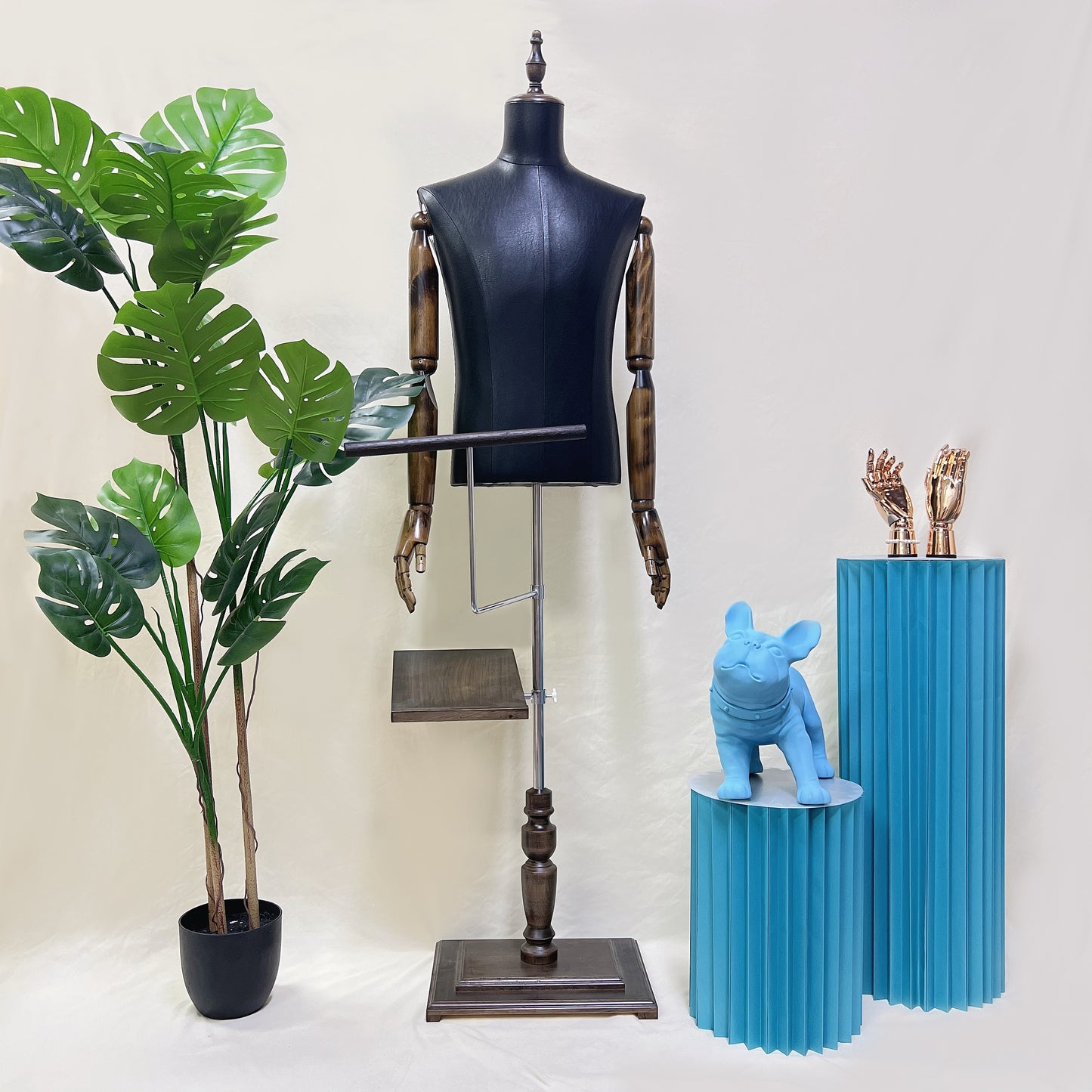 Professional Brown Male Mannequin Torso with Leather Finish - Half Body Display Form with Wooden Base for Retail Stores