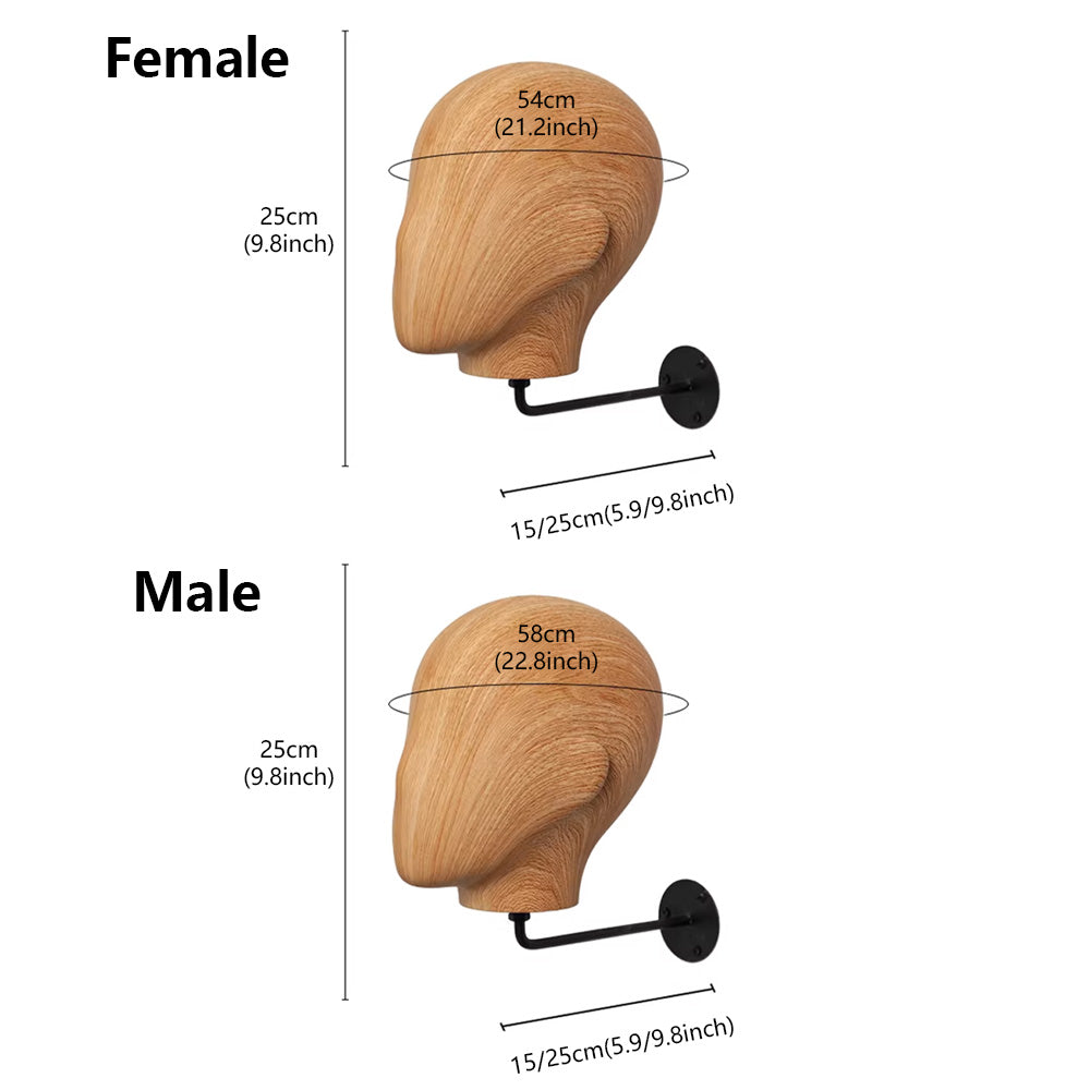 Wall Mounted Mannequin Head Display Stand - Wood Grain Hat Rack Holder with Adjustable Bracket