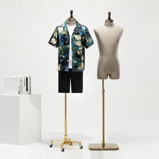 JELIMATE Male Half Body Mannequin Set: Dressed and Undressed Beige Linen Torso on Gold Base in Showroom