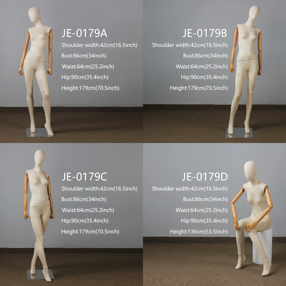 Jelimate Women Clothing Store Full Body Mannequin With Wooden Arms,Velvet Mannequin Female Dress Form,Standing Sitting Pose Clothing Display Model