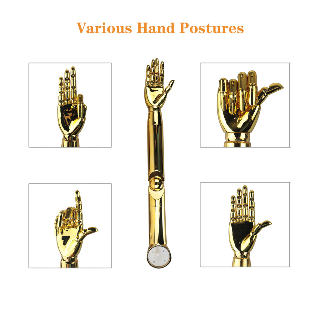 Jelimate Gold Chrome Hand Mannequin – Plug-In Arm with Moveable Finger Joints for Jewelry & Fashion Display