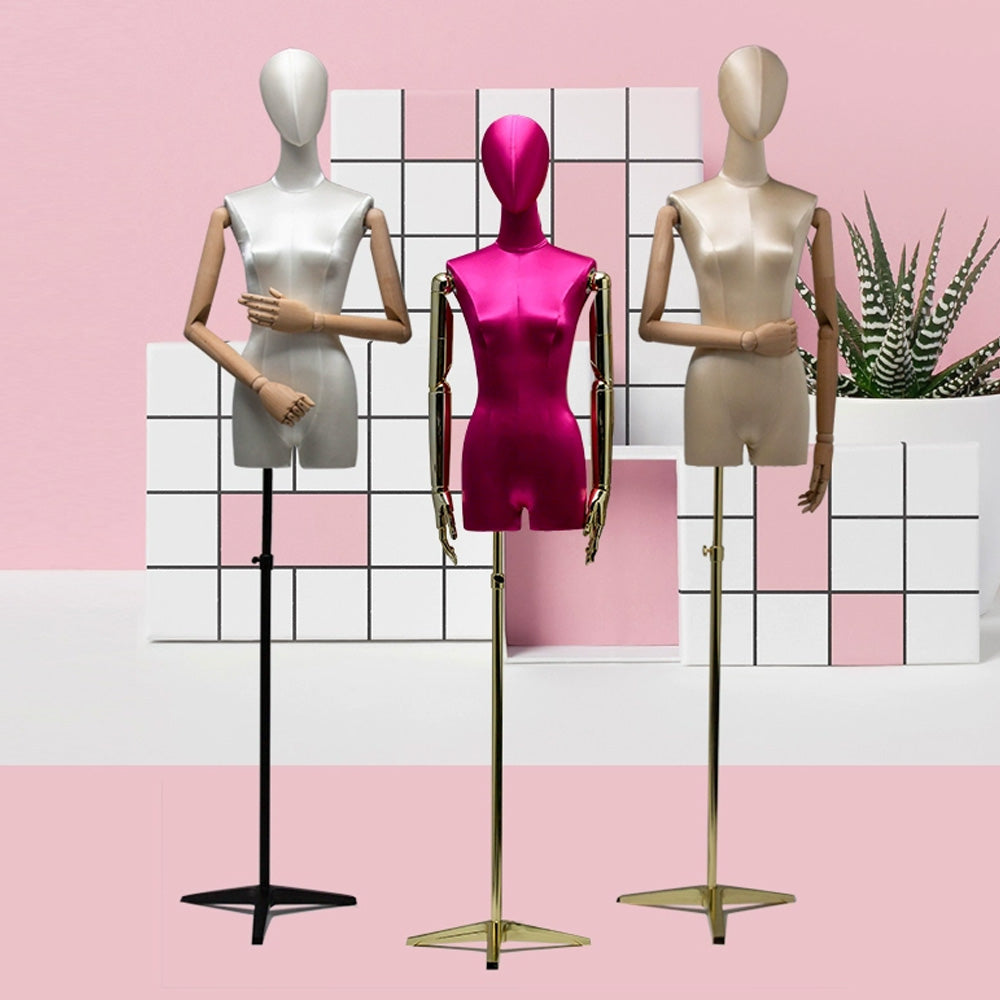 Jelimate Luxury Satin Half Body Female Mannequin Torso,Satin Dress Form Adjustable Women Clothing Display Model,Head Manikin Torso With Gold Arms