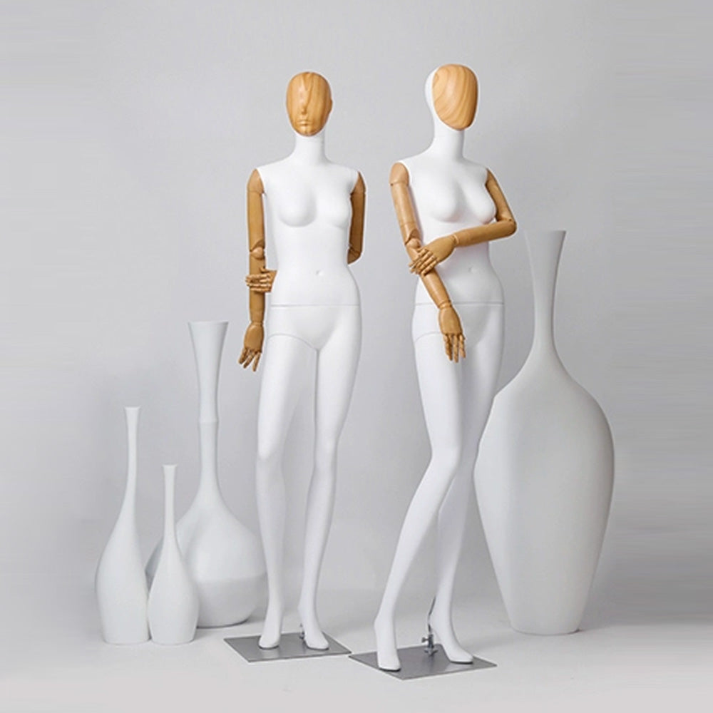 Maniquí de cuerpo completo para mujer de alta gama Jelimate, modelo de exhibición de ropa para tienda de ropa con cabeza de veta de madera, maniquí de mujer adulta con brazos de madera de plástico