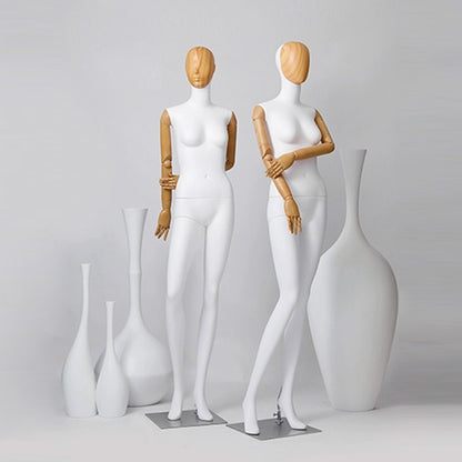 Maniquí de cuerpo completo para mujer de alta gama Jelimate, modelo de exhibición de ropa para tienda de ropa con cabeza de veta de madera, maniquí de mujer adulta con brazos de madera de plástico