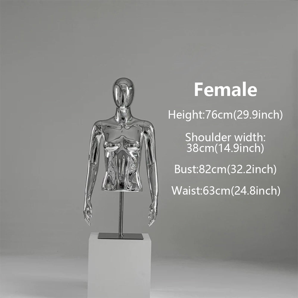 JELIMATE Silver Chrome Half Body Mannequin for Clothes | Male & Female Electroplated Torso