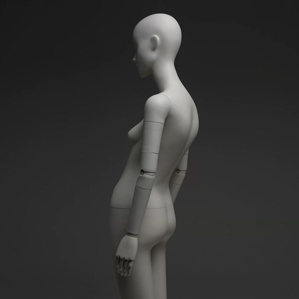 Abstract matte white full body female mannequin with articulated wooden hands for luxury fashion window display.