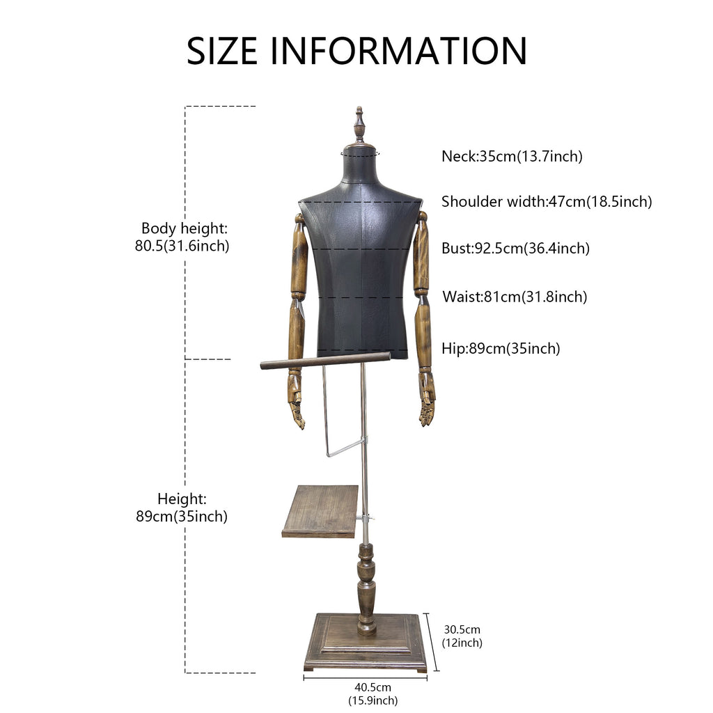 Professional Brown Male Mannequin Torso with Leather Finish - Half Body Display Form with Wooden Base for Retail Stores
