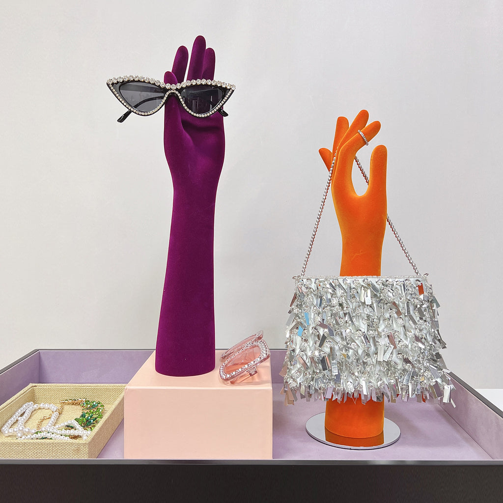 JELIMATE Female Left Hand Mannequin For Jewelry Display,Colorful Velvet Mannequin Hand Dress Form,Watch Necklace Bracelet Scarf Sunglasses Ring Display Hand Form