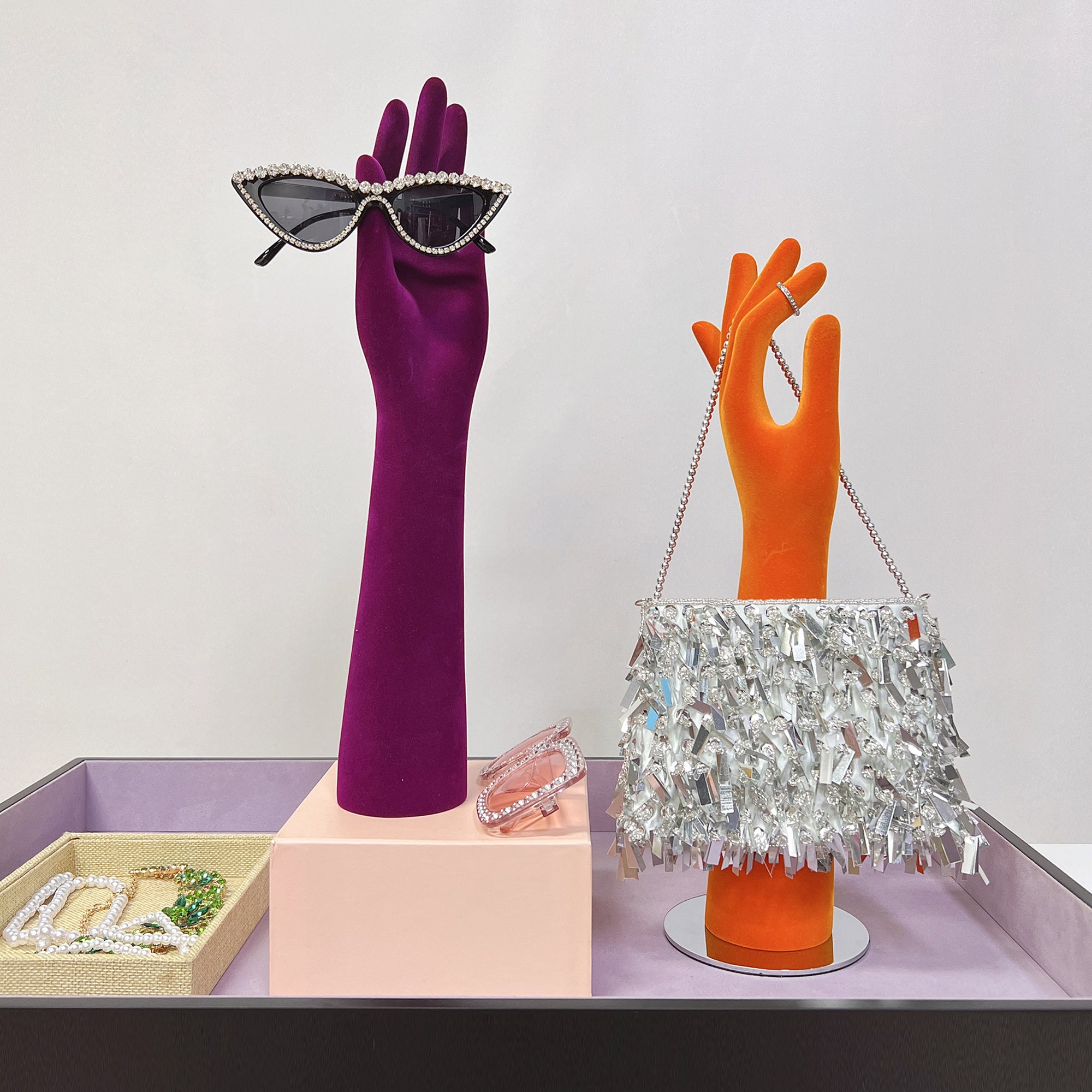 JELIMATE Female Left Hand Mannequin For Jewelry Display,Colorful Velvet Mannequin Hand Dress Form,Watch Necklace Bracelet Scarf Sunglasses Ring Display Hand Form