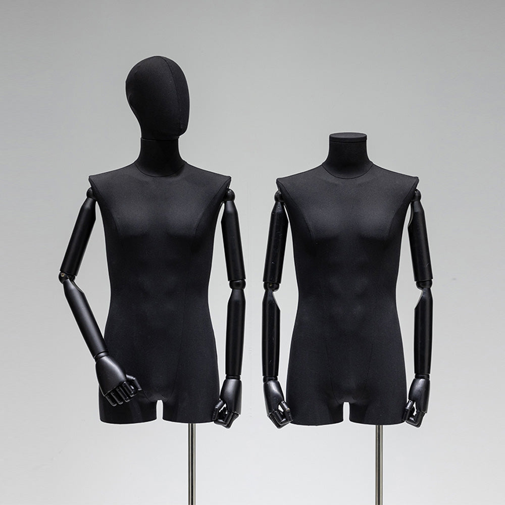 Maniquí masculino de medio cuerpo Jelimate de color negro con forma de torso, cabeza de maniquí envuelta en tela de lino, brazos de madera, modelo de exhibición de ropa con forma de torso para hombre