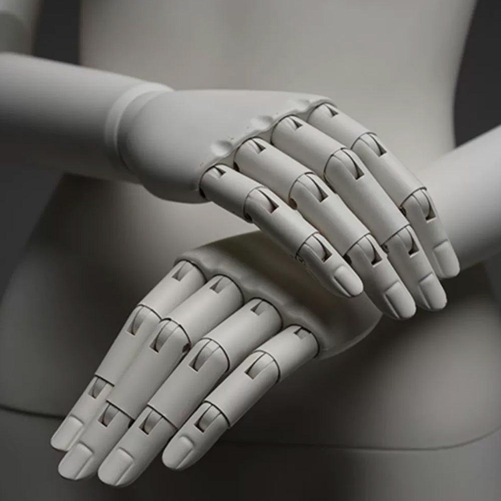 Avant-Garde Full Body Female Mannequin – Matte White Fiberglass with Matching Articulated Wooden Hands