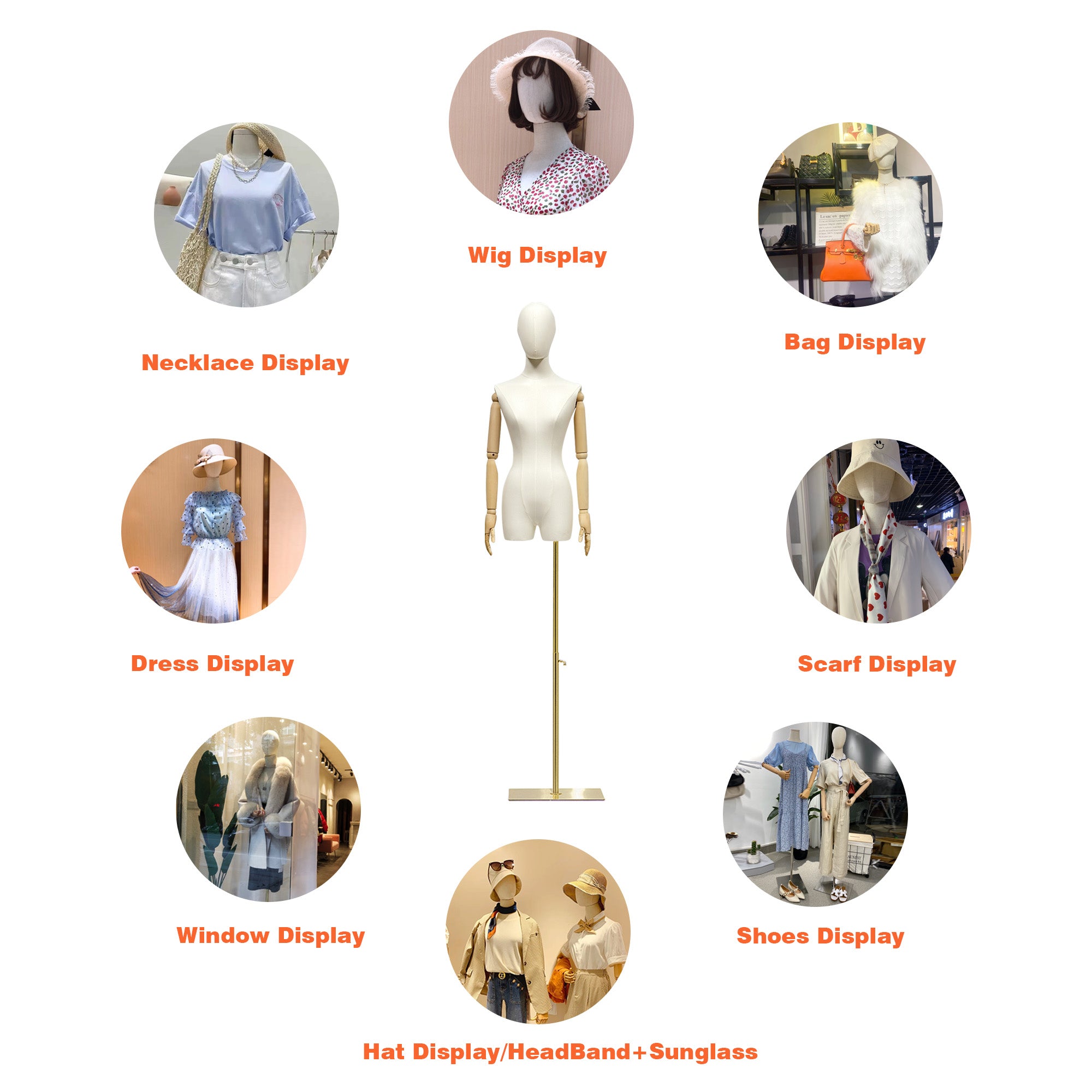 Fabric Mannequin Torso with Wooden Arms - Beige Bamboo Linen Female Display Form