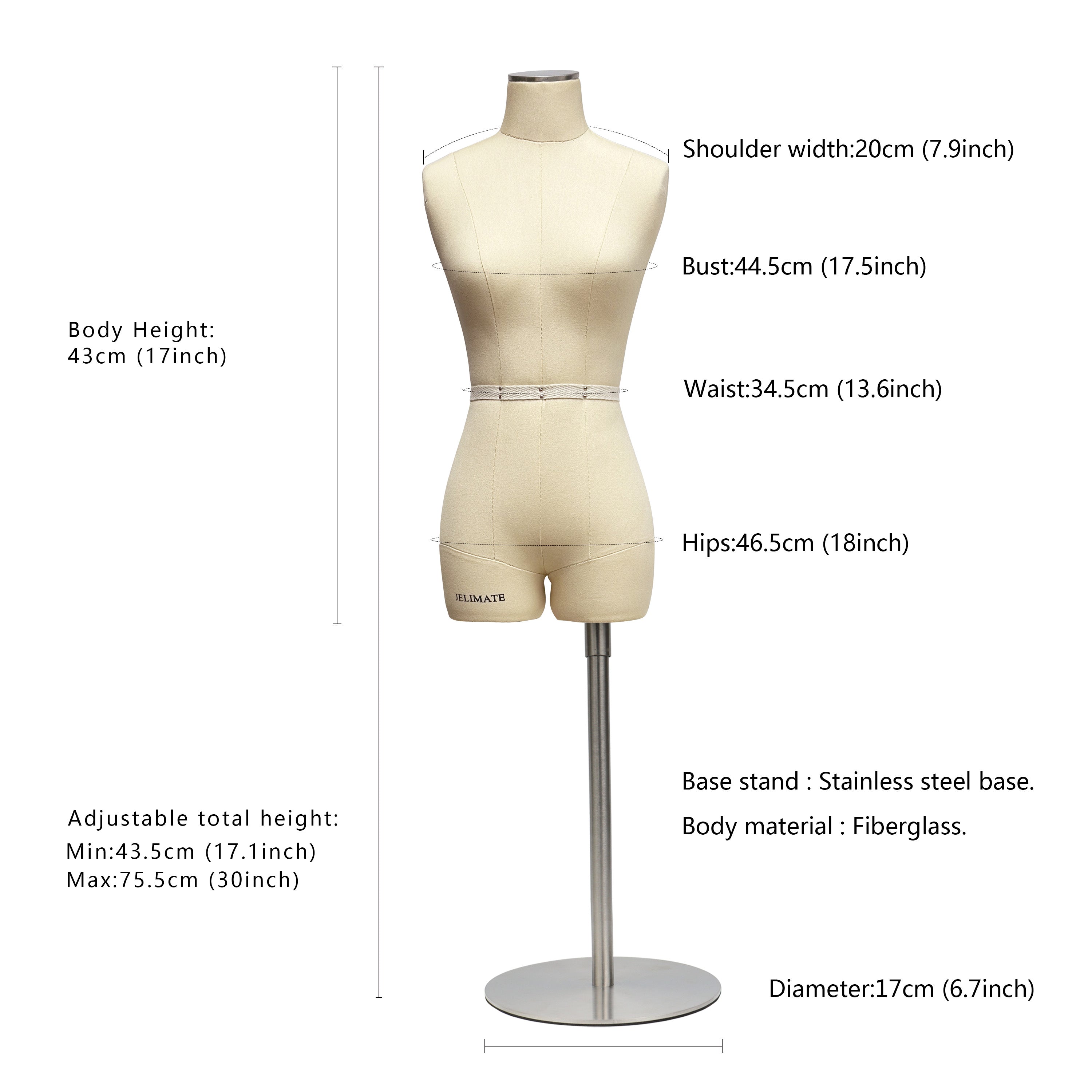 Half Scale Dress Form - Sewing Mannequin for Fashion Pattern Design  (Size 8)