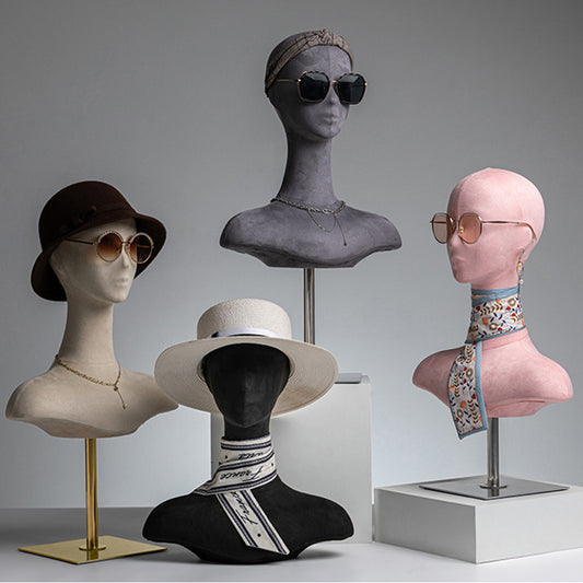 Velvet Mannequin Head with Shoulders & Gold Base for Wigs, Hats & Jewelry