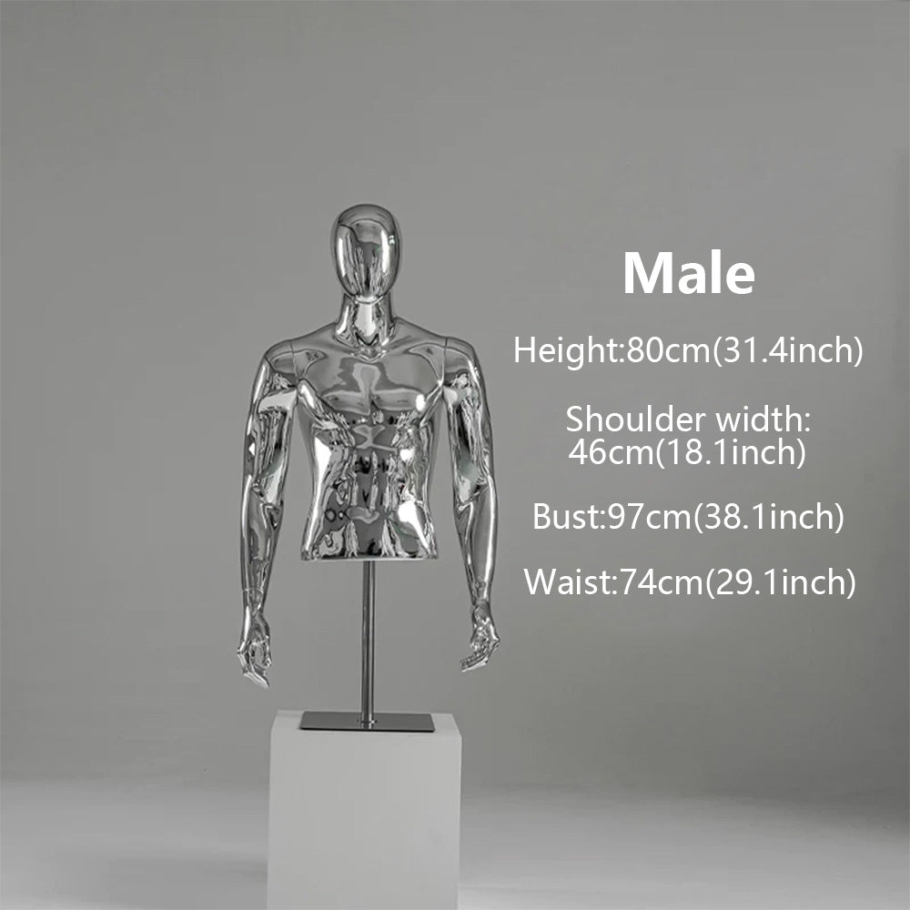 JELIMATE Silver Chrome Half Body Mannequin for Clothes | Male & Female Electroplated Torso
