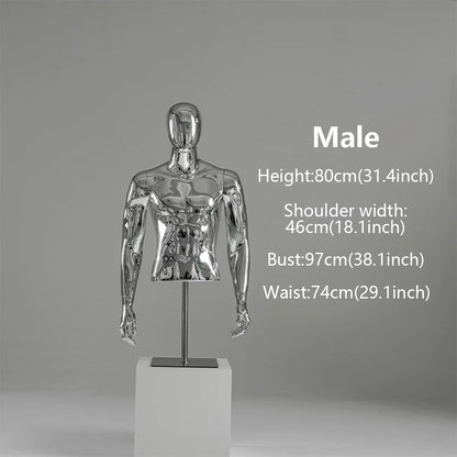 JELIMATE Silver Chrome Half Body Mannequin for Clothes | Male & Female Electroplated Torso