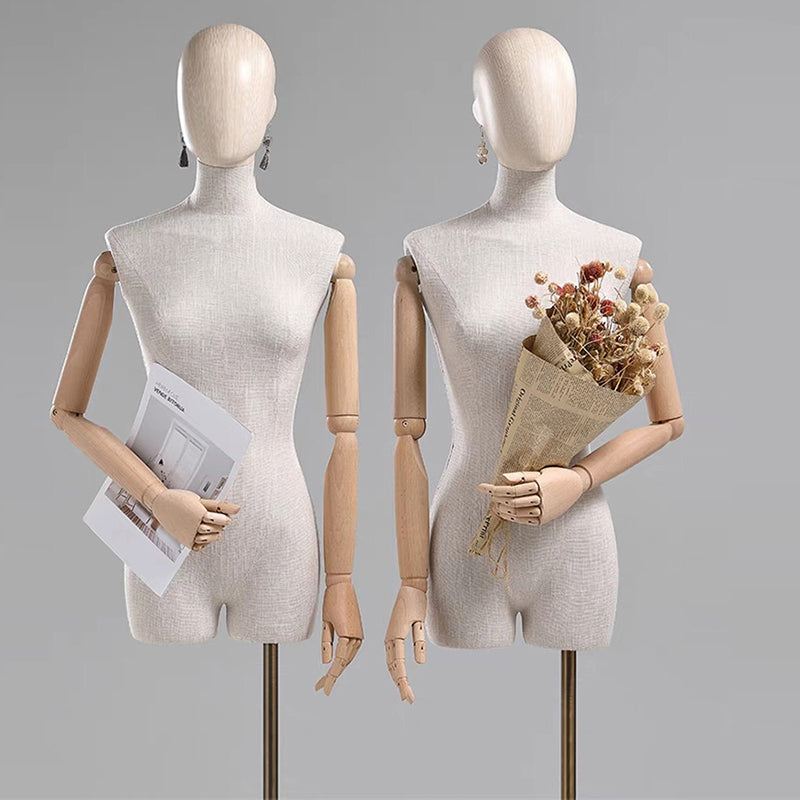 Torso de maniquí femenino de alta gama Jelimate con brazos de madera, maniquí de lino gris para exhibición de ropa, cabeza de maniquí de madera con orificio para aretes