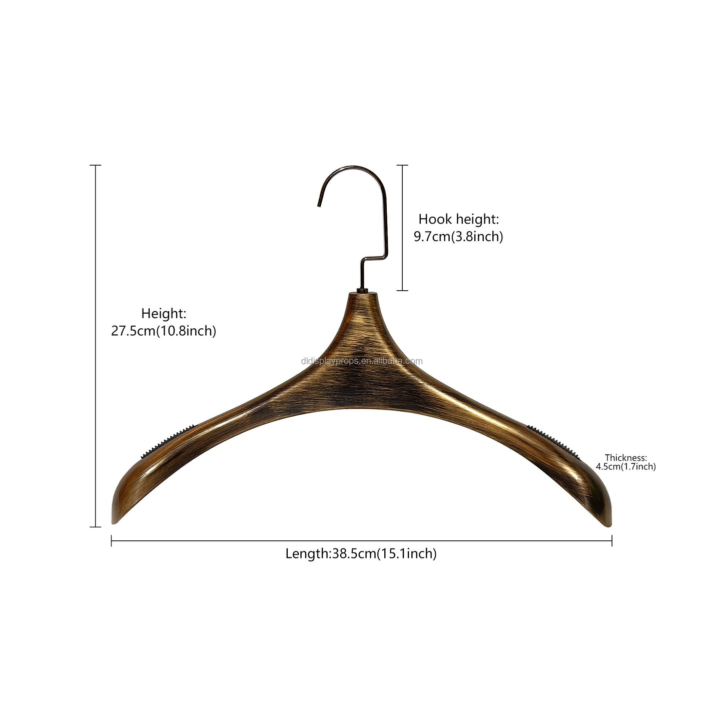 Percha vintage de metal cepillado a mano, color negro y dorado. Acabado texturizado con logotipo personalizado para trajes y abrigos. 