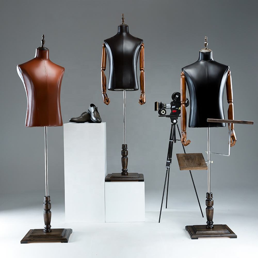 Professional Brown Male Mannequin Torso with Leather Finish - Half Body Display Form with Wooden Base for Retail Stores