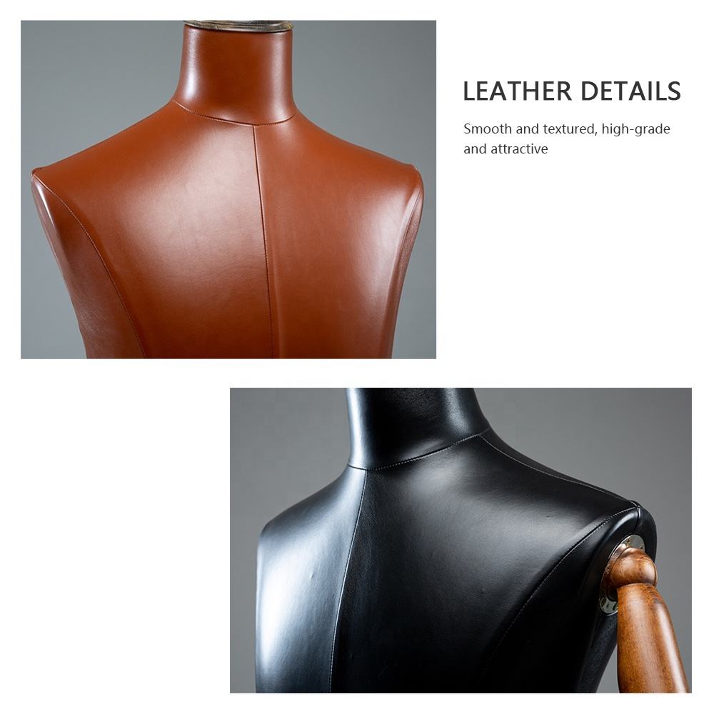 Professional Brown Male Mannequin Torso with Leather Finish - Half Body Display Form with Wooden Base for Retail Stores