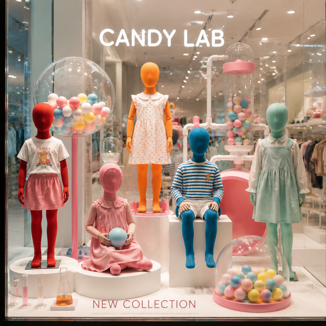 Visual Merchandising designed with multi-pose colorful fabric-covered kids mannequins equipped with multi-joint wooden arms."CANDY LAB" Theme