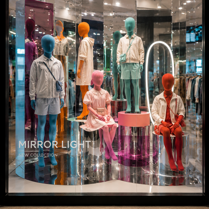 Visual Merchandising designed with multi-pose colorful fabric-covered kids mannequins equipped with multi-joint wooden arms. "MIRROR LIGHT NEW COLLECTION" Theme