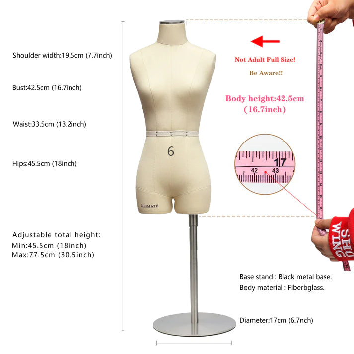JELIMATE Half  scale Dress Form - Beige Female mini sewing mannequin (size 6-8-10-12-14-16)