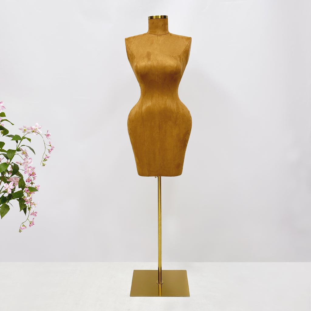 Maniquí de torso femenino sin cabeza JELIMATE: maniquí de fibra de vidrio y ante marrón para exhibición de ropa y boutiques.