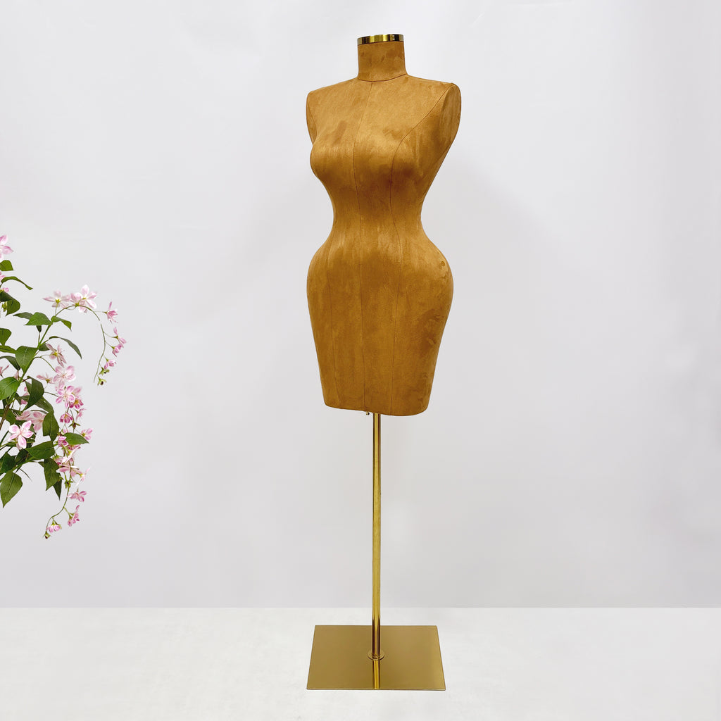 Maniquí de torso femenino sin cabeza JELIMATE: maniquí de fibra de vidrio y ante marrón para exhibición de ropa y boutiques.