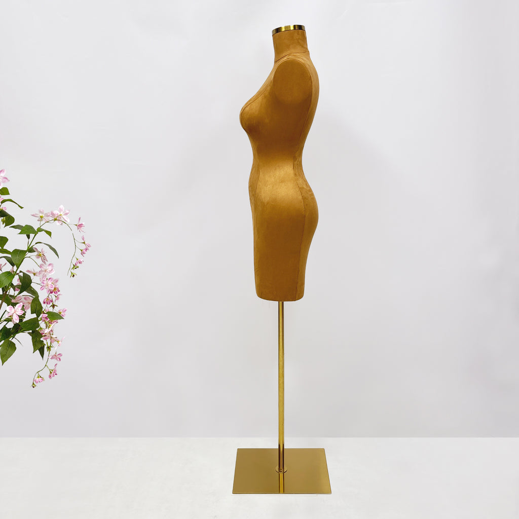 Maniquí de torso femenino sin cabeza JELIMATE: maniquí de fibra de vidrio y ante marrón para exhibición de ropa y boutiques.