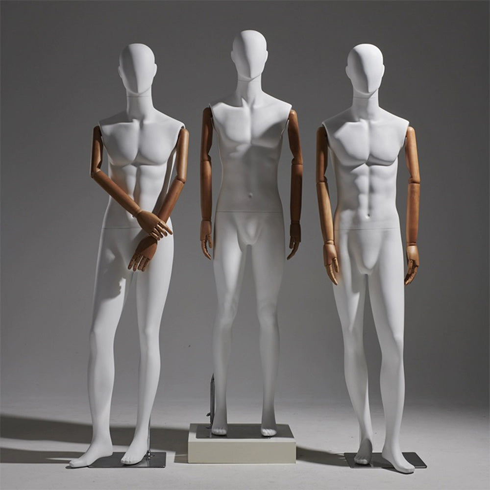 JELIMATE Full Body Flexible Model Male – White Dress Form with Wooden Arms for Fashion Display