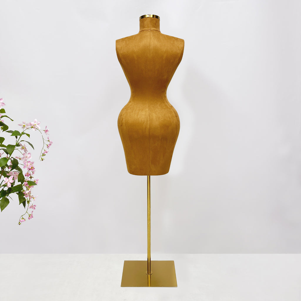 Maniquí de torso femenino sin cabeza JELIMATE: maniquí de fibra de vidrio y ante marrón para exhibición de ropa y boutiques.