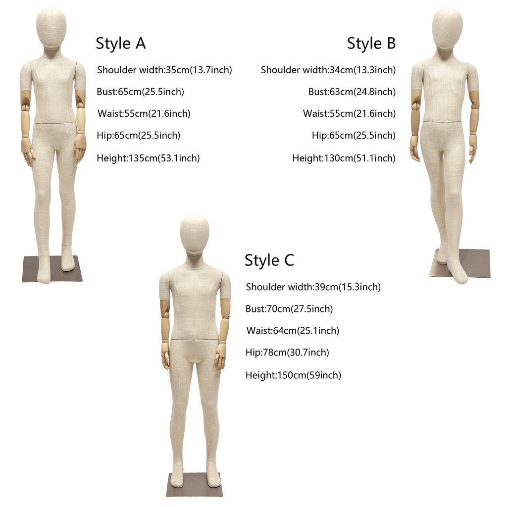 JELIMATE Kids Mannequin Full Body Child Dress Form – Bamboo Linen Fabric Display Model with Adjustable Wooden Arms for Clothing/Boutique/Window/Retail Showcase