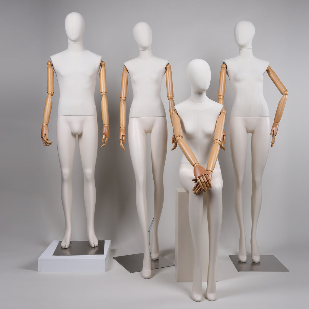 Premium bamboo Linen Full Body Mannequins - White Fiberglass with Wooden Arms | 20% Off