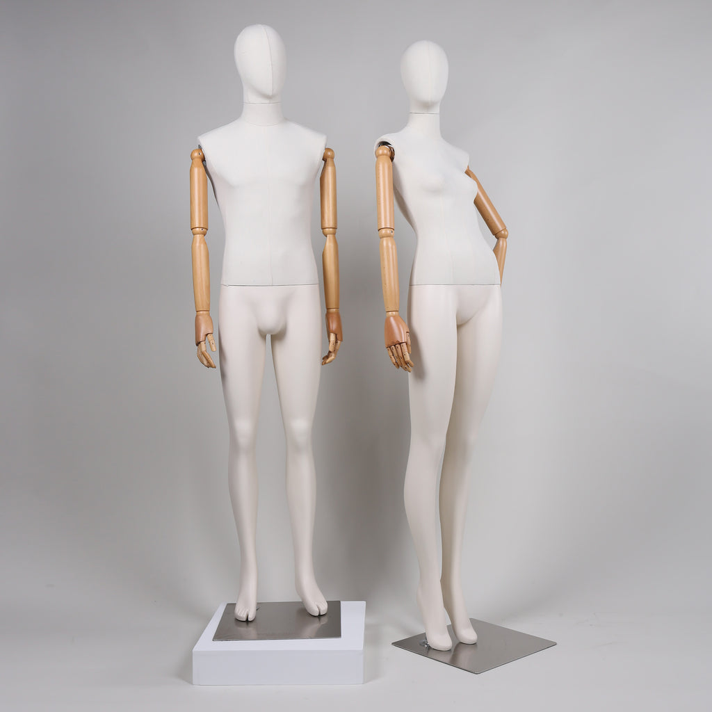 Premium bamboo Linen Full Body Mannequins - White Fiberglass with Wooden Arms | 20% Off