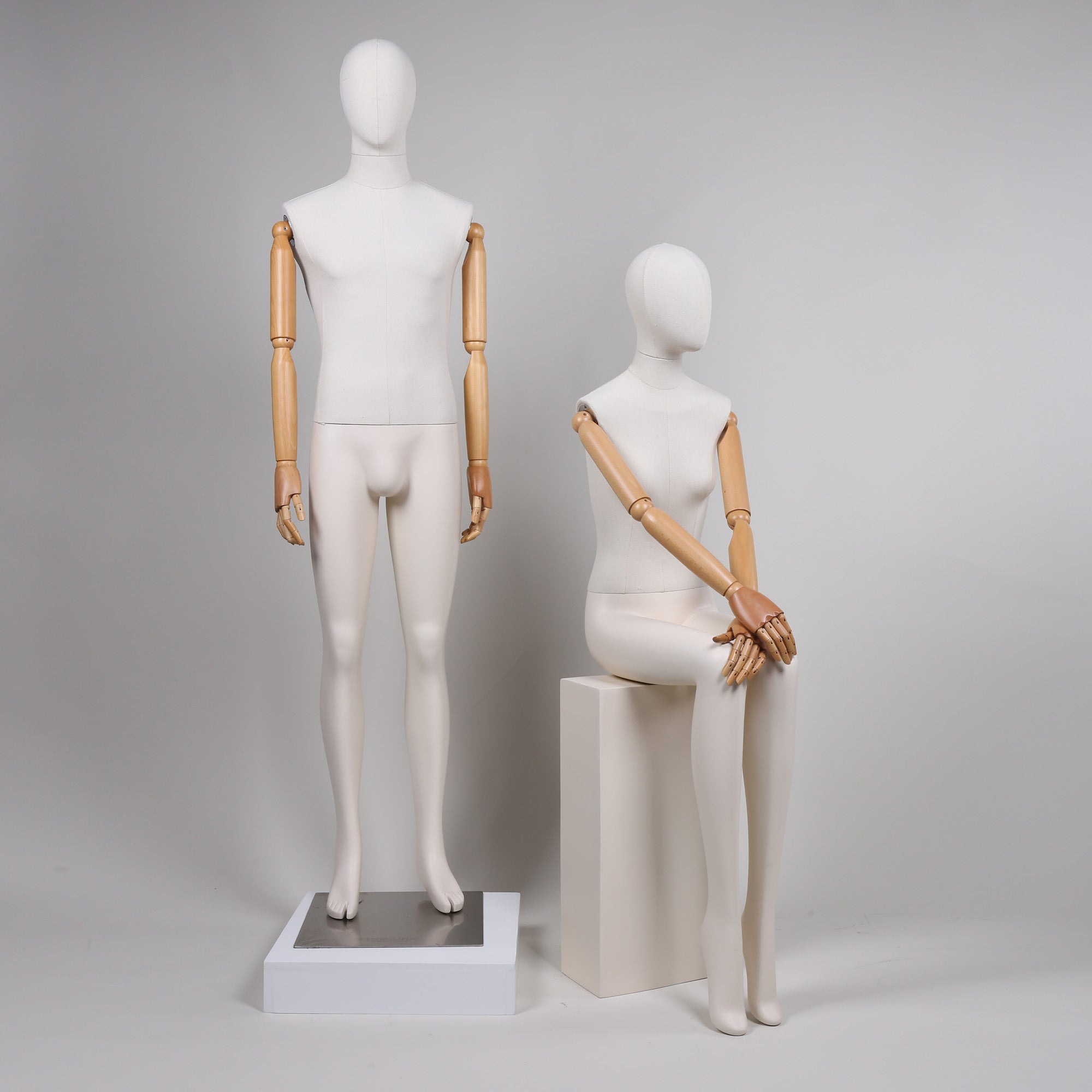 Premium bamboo Linen Full Body Mannequins - White Fiberglass with Wooden Arms | 20% Off